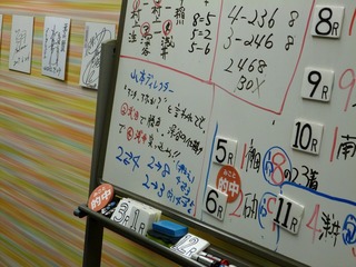 ガイダンスコーナーの白板に書いた「ヘボヘボ予想」